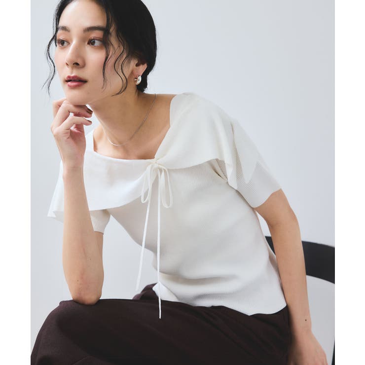 【WEB限定】【骨格で選べる2タイプ】オフショル風リボン半袖ニット | VIS  | 詳細画像1 