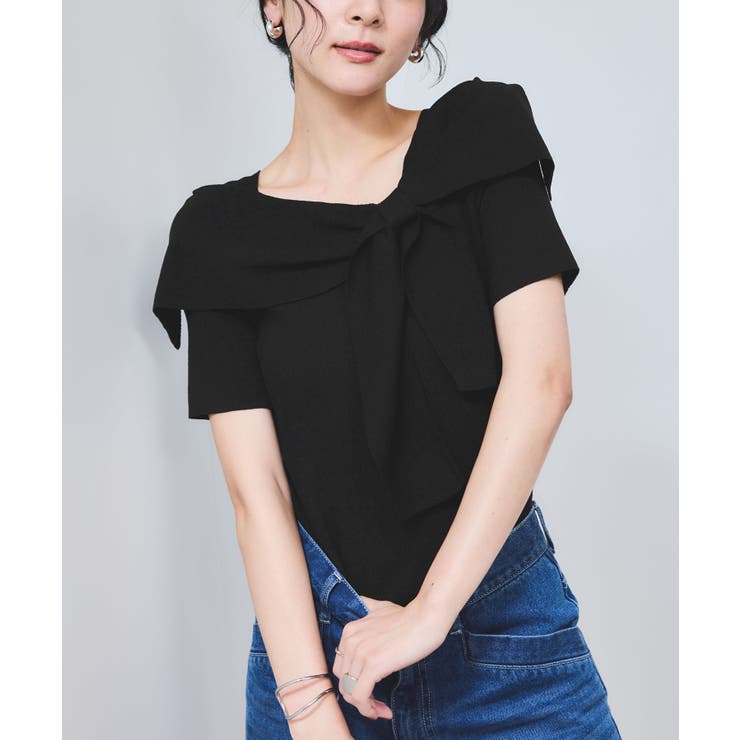 ブラック(01) | 【WEB限定】【骨格で選べる2タイプ】オフショル風リボン半袖ニット | VIS 