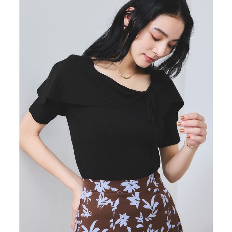 ブラック系(02) | 【WEB限定】【骨格で選べる2タイプ】オフショル風リボン半袖ニット | VIS 