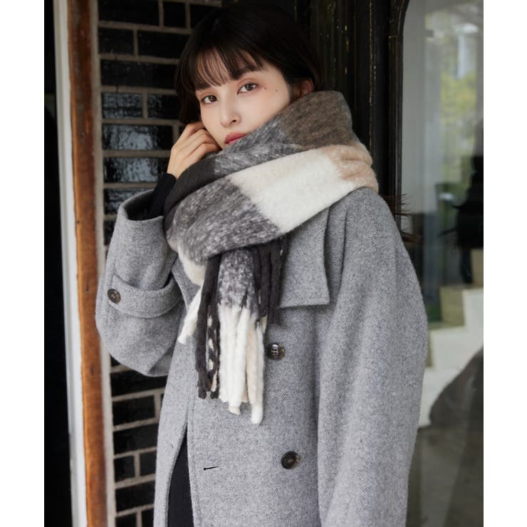 チャコール(06) | ふわふわフリンジチェックマフラー/静電気防止 | VIS 