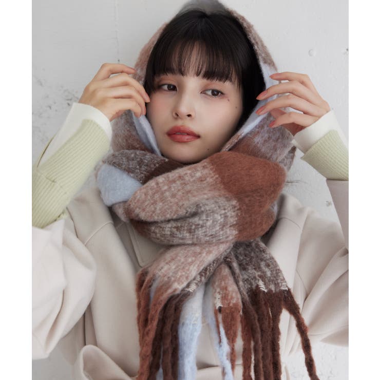 ブラウン系(24) | ふわふわフリンジチェックマフラー/静電気防止 | VIS 