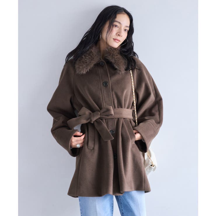 ブラウン(20) | ファー付きAラインステンコート | VIS 