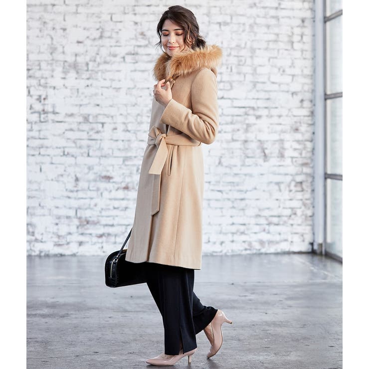 美品 Diagram ビーバーウールロングコート ファー ベルト ベージュ 36 Diagram（ダイアグラム）の「ビーバーウールロングコート（ノーカラー