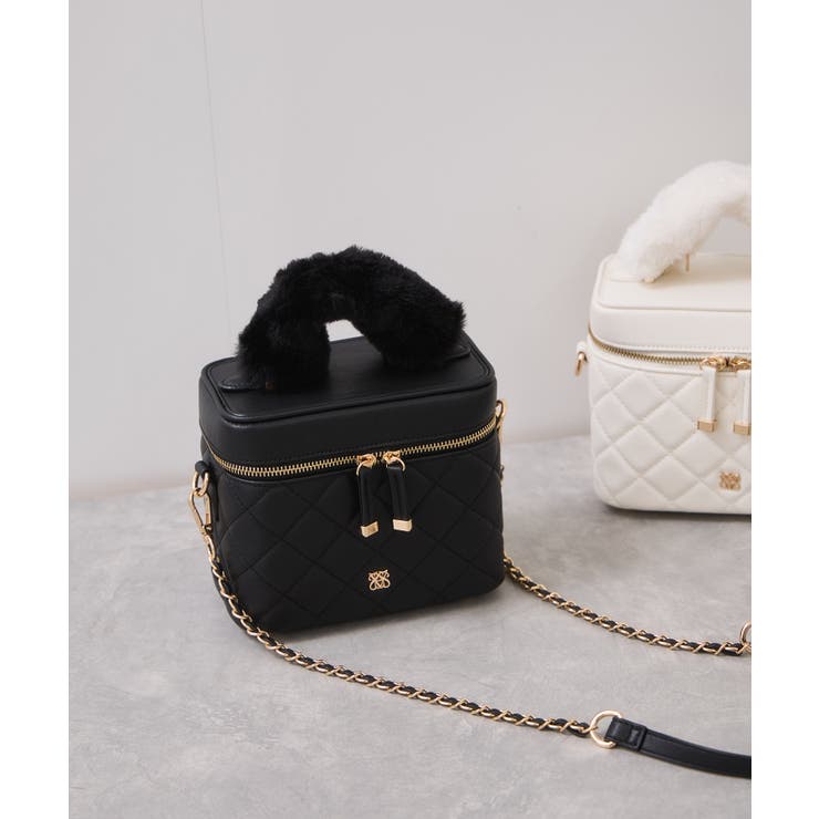 ブラック(01) | ファーハンドルキルティング＆ツイードバニティバッグ/2WAY | VIS 