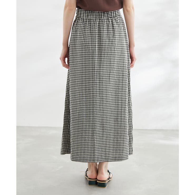 「ACNE STUDIOS」リネン混 マキシスカート チェック柄 刺繍入り 麻混アシンメトリータックカラースカート[品番:RPCW0036049