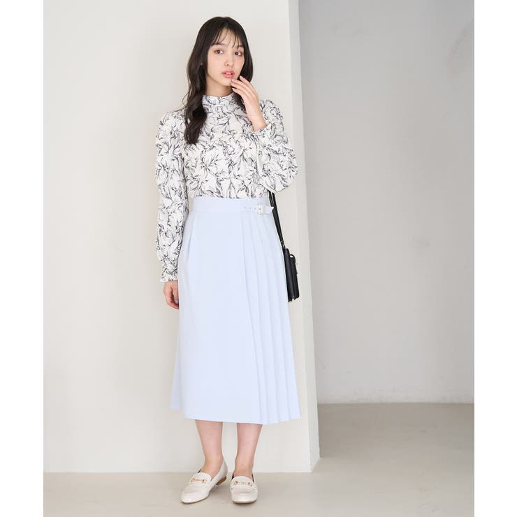 ロペ ROPE 花柄シフォン重ねプリーツスカート ブルー リボン