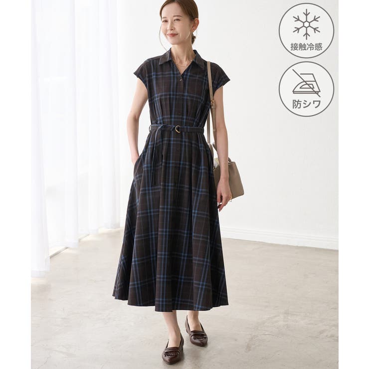 ブルー系(45) | ウエストタックチェックアソートワンピース/接触冷感・防シワ・リンクコーデ | ROPE' PICNIC