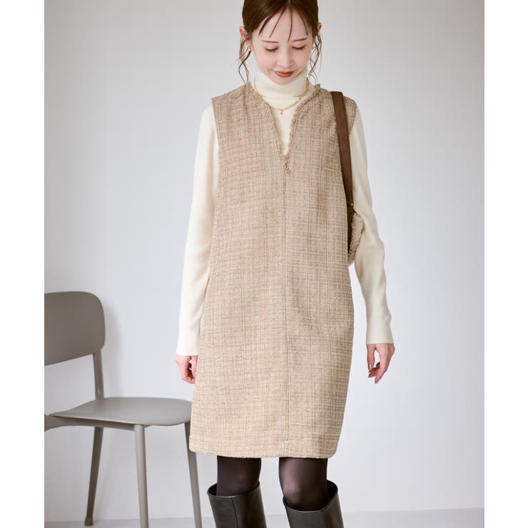 キーネックツイードジャンパースカート ワンピース/着丈が選べる[品番