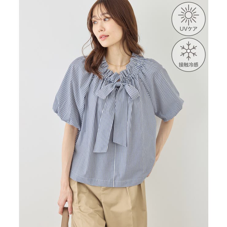 ネイビー(40) | 前後2WAYギャザーリボンデザインシャツ/UVケア・接触冷感・リンクコーデ | ROPE' PICNIC