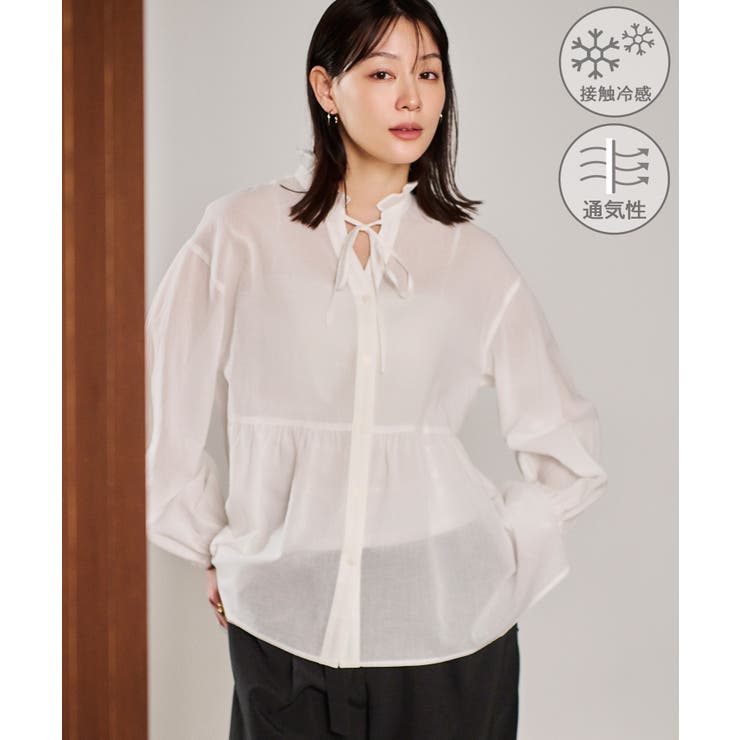 ホワイト(10) | お着軽シャツシリーズ フリルカラーシアーペプラムブラウス/接触冷感・通気性 | ROPE' PICNIC