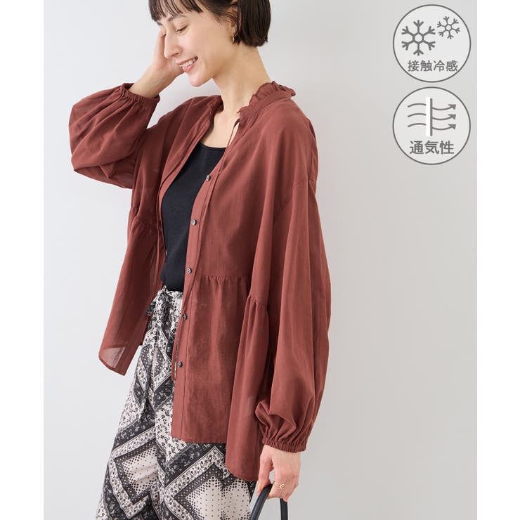 ブラウン(20) | お着軽シャツシリーズ フリルカラーシアーペプラムブラウス/接触冷感・通気性 | ROPE' PICNIC