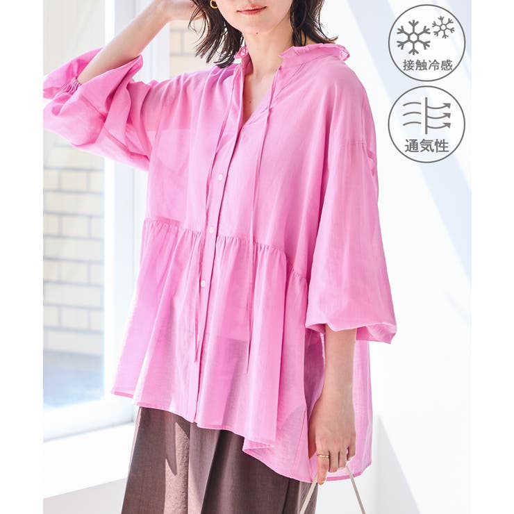 ピンク(63) | お着軽シャツシリーズ フリルカラーシアーペプラムブラウス/接触冷感・通気性 | ROPE' PICNIC