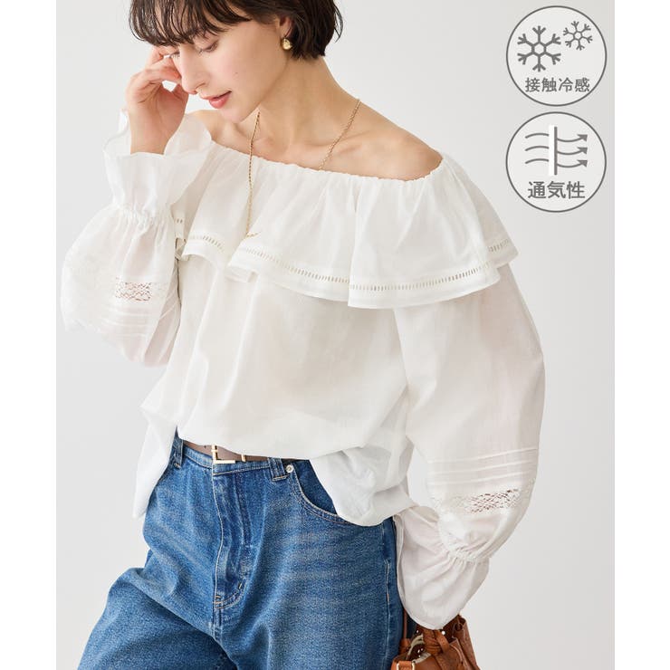 ホワイト(10) | お着軽シャツシリーズ レース使い2WAYオフショルシアーブラウス 接触冷感 | ROPE' PICNIC