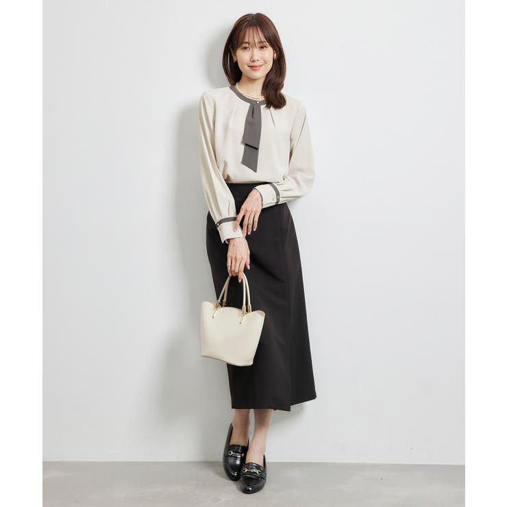 WEB限定40サイズ】ジョーゼット配色ボウタイ風ブラウス[品番