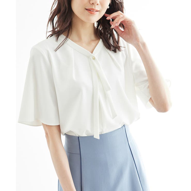 ホワイト(10) | 2サイズ展開/メタルボタンリボンタイハーフスリーブブラウス | ROPE' PICNIC