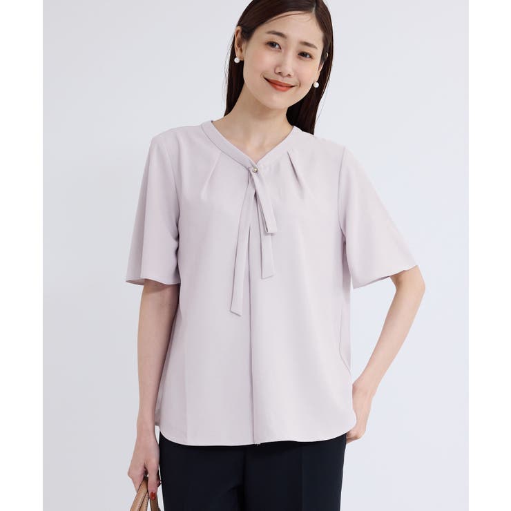 ピンク(63) | 2サイズ展開/メタルボタンリボンタイハーフスリーブブラウス | ROPE' PICNIC