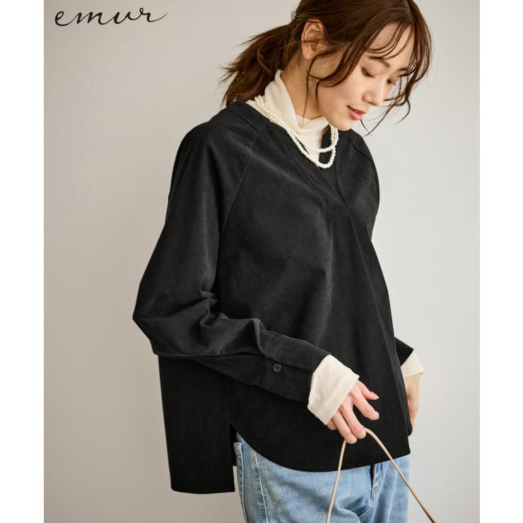 ブラック(01) | 【emur/エミュール】ストレッチ起毛あわせネックブラウス | ROPE' PICNIC