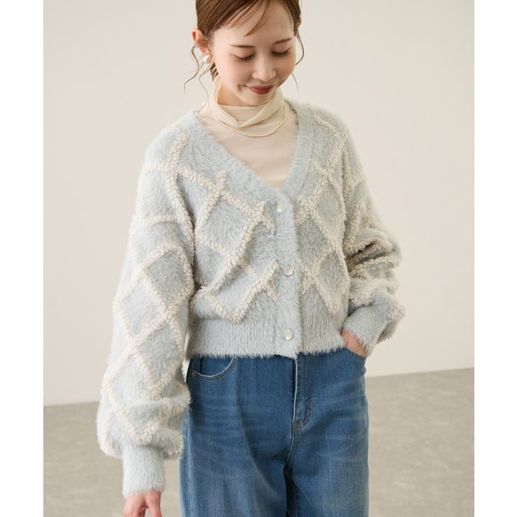 サックス(48) | ダイヤチェック柄ループフェザーカーディガン | ROPE' PICNIC