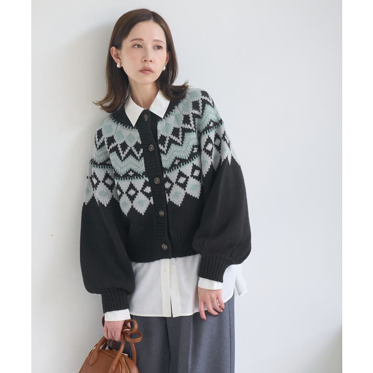 ネイビー(40) | 求心柄ボリュームスリーブカーディガン/イージーケア | ROPE' PICNIC