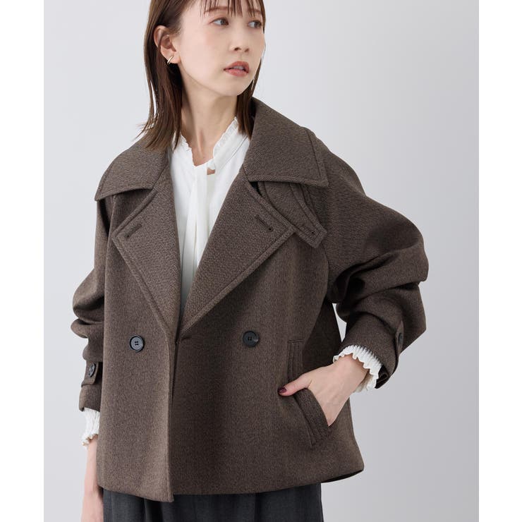 ヘリンボンボンディングスタンドカラーショートコート[品番