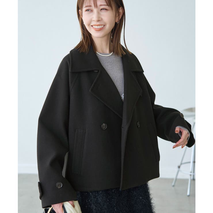 ジャージメルトン/ツイードスタンドカラーショートコート[品番