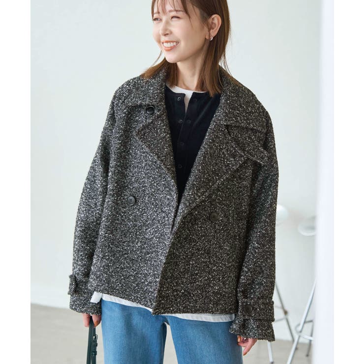 ジャージメルトン/ツイードスタンドカラーショートコート[品番