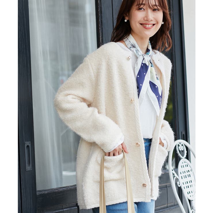 金ボタンループ編みニットカーディガン(ミドル丈)/リンクコーデ[品番