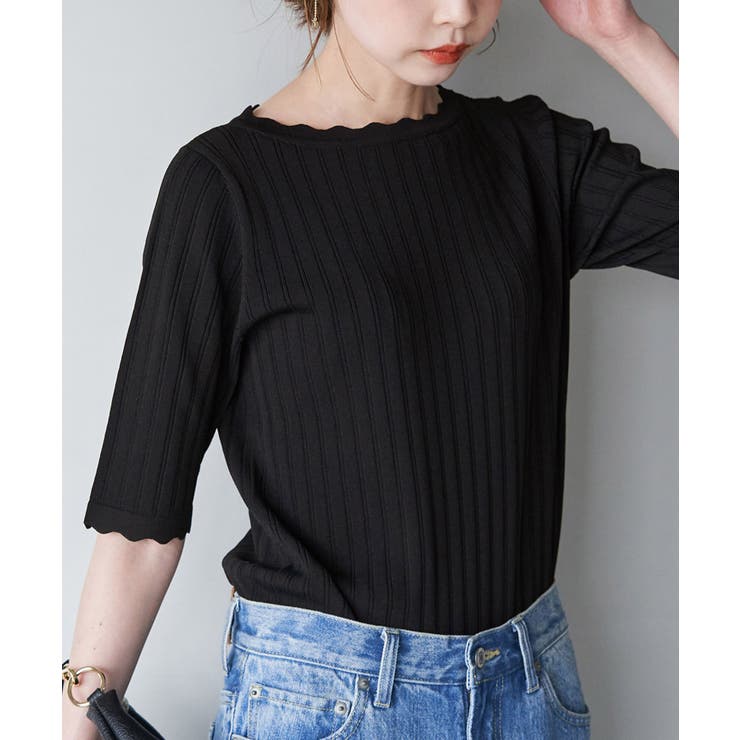 ブラック(01) | Beauty knit スカラップネックハーフスリーブニットプルオーバー | ROPE' PICNIC