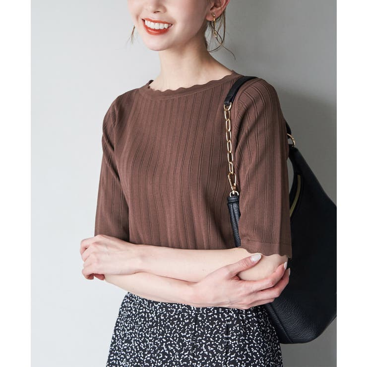 ブラウン(22) | Beauty knit スカラップネックハーフスリーブニットプルオーバー | ROPE' PICNIC