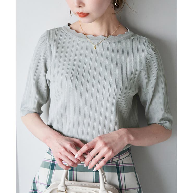 グリーン系(35) | Beauty knit スカラップネックハーフスリーブニットプルオーバー | ROPE' PICNIC