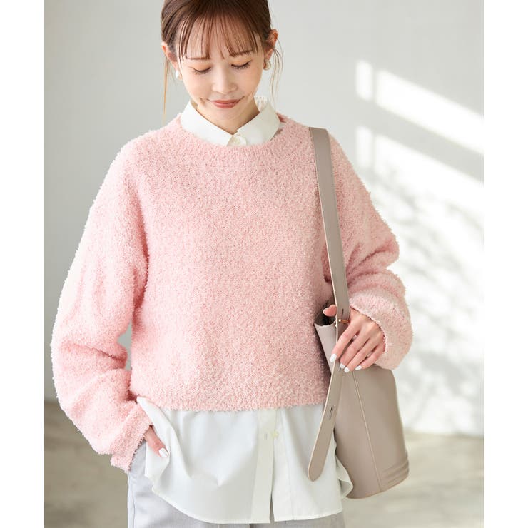 【Rene/ルネ】半袖ニット　コットン　パール　リボン　ピンク　大人可愛い　M スパンコール混リボンヤーンニットプルオーバー[品番：RPCW0047766