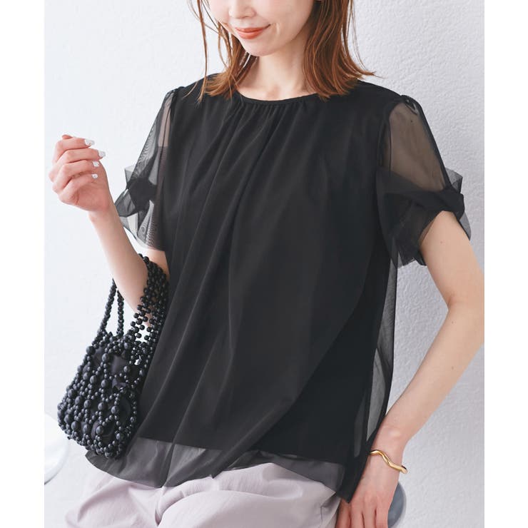 ブラック(01) | Cutee チュールドッキングツイストスリーブトップス/リンクコーデ | ROPE' PICNIC