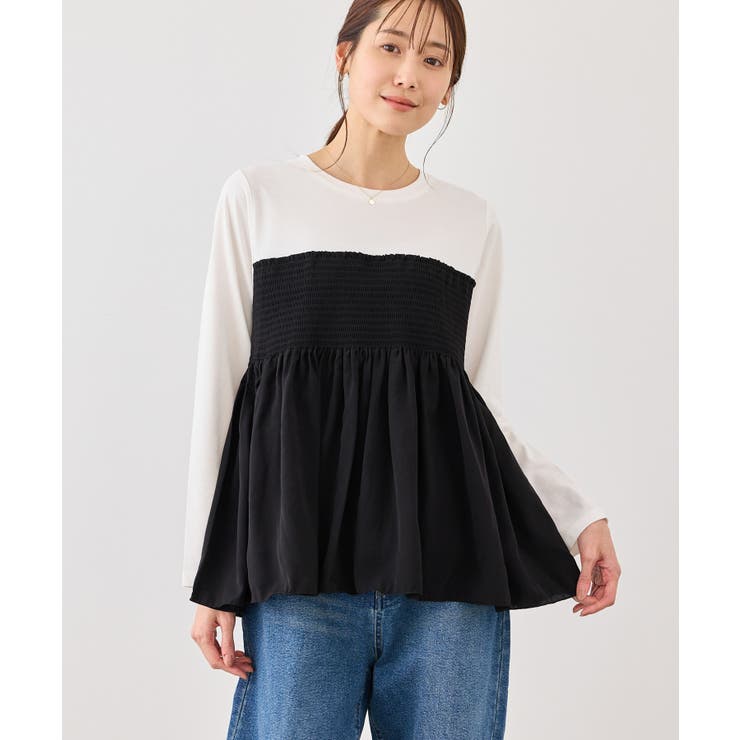 ブラック系(02) | シャーリングビスチェ風ドッキングロングスリーブカットソー/リンクコーデ | ROPE' PICNIC