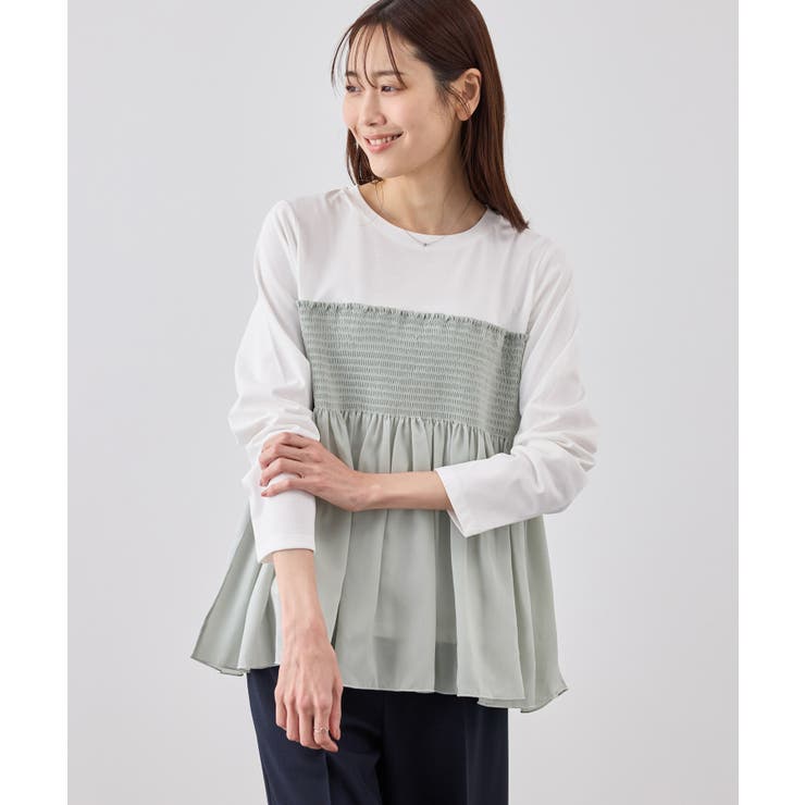 ライトグリン(33) | シャーリングビスチェ風ドッキングロングスリーブカットソー/リンクコーデ | ROPE' PICNIC