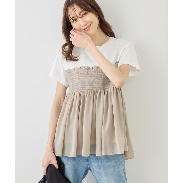 ベージュ(27) | シャーリングドッキングハーフスリーブカットソー | ROPE' PICNIC
