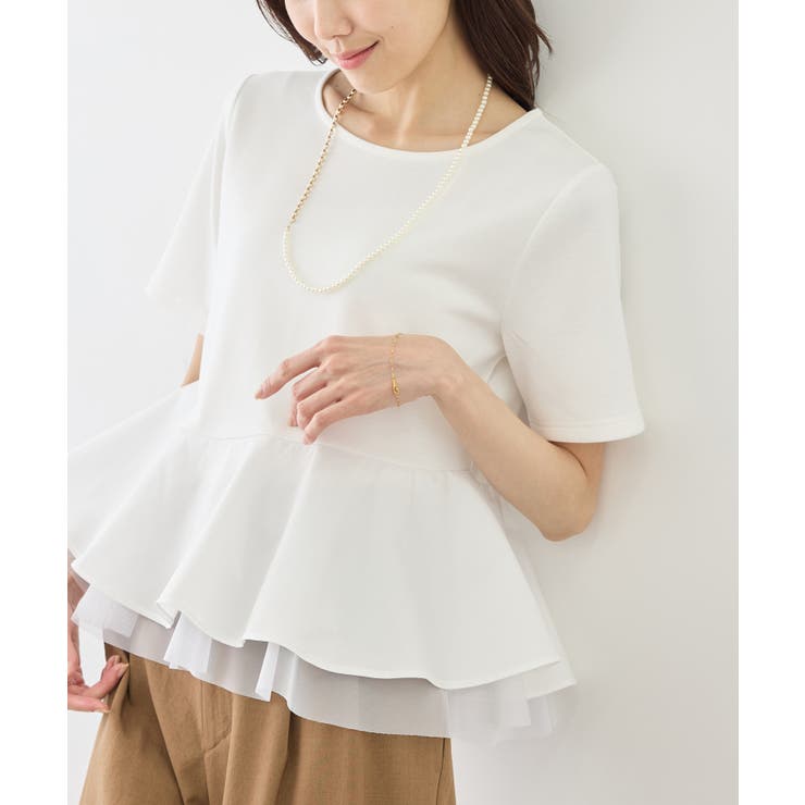 ホワイト(10) | 裾フリル異素材ドッキングカットトップス | ROPE' PICNIC