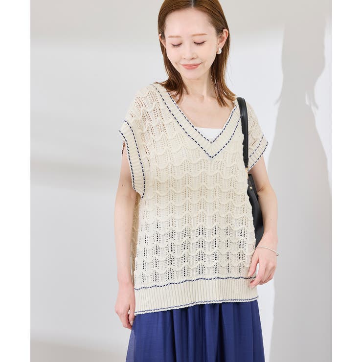 配色ステッチ透かし編みニットベスト | ROPE' PICNIC | 詳細画像4 