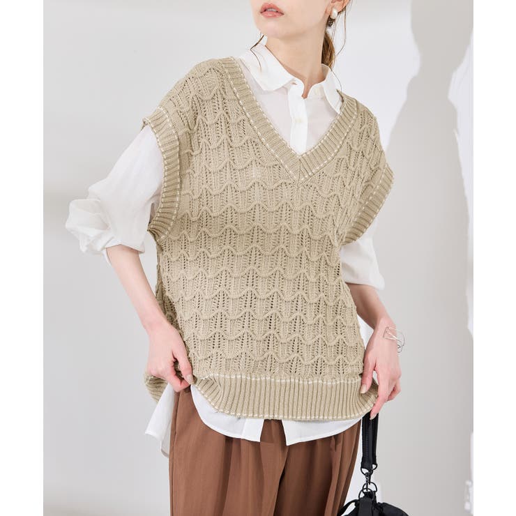ベージュ(27) | 配色ステッチ透かし編みニットベスト | ROPE' PICNIC