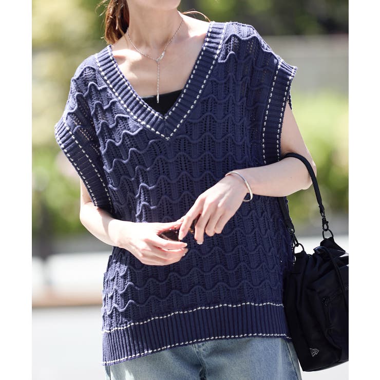 サックス(48) | 配色ステッチ透かし編みニットベスト | ROPE' PICNIC