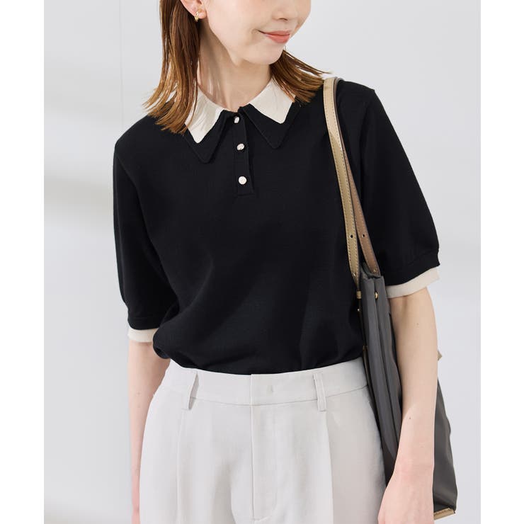 新色追加】バイカラーレイヤード風ニットポロシャツ[品番