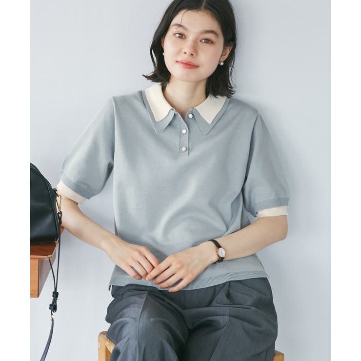 新色追加】バイカラーレイヤード風ニットポロシャツ[品番：RPCW0049706