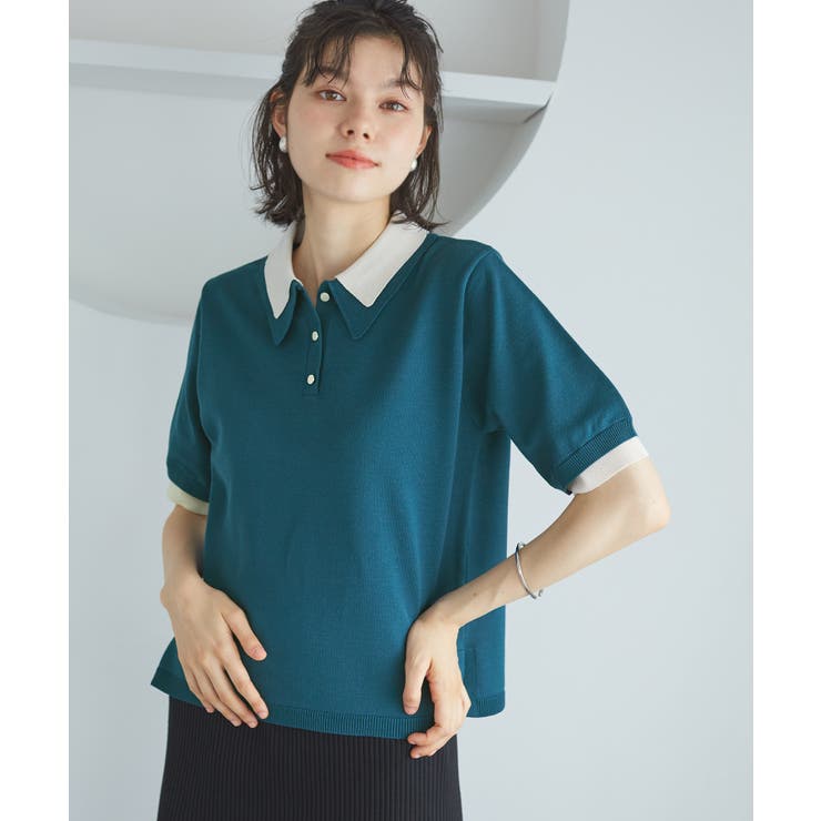 新色追加】バイカラーレイヤード風ニットポロシャツ[品番：RPCW0049706