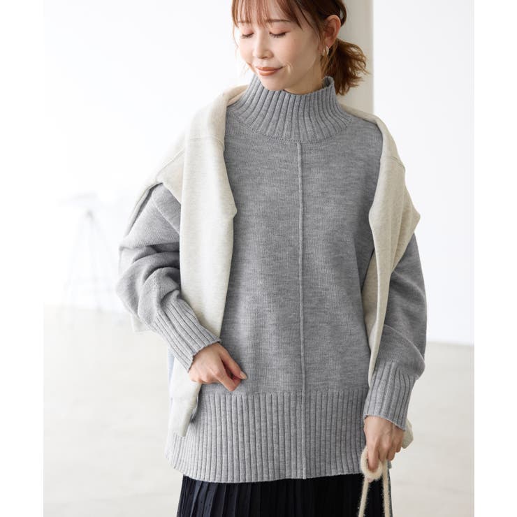 センターラインミドル丈ハイネックニットプルオーバー 帯電防止 洗濯機