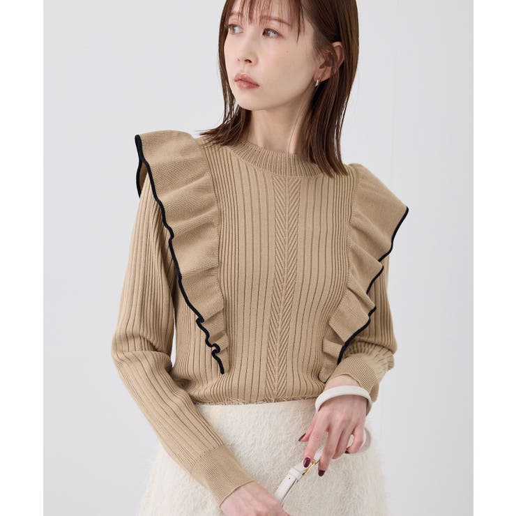 ランダムリブフリルニット配色プルオーバー/洗濯機OK[品番