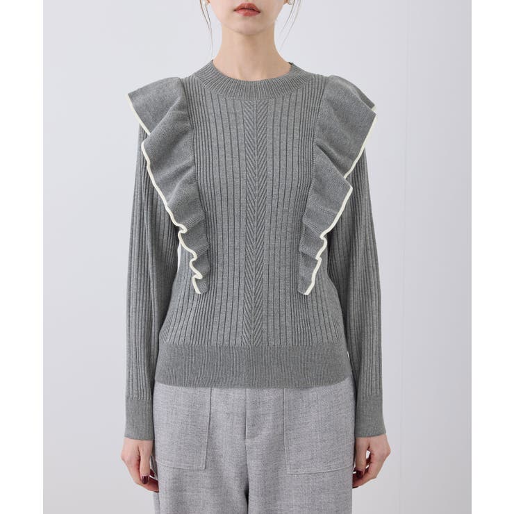 ランダムリブフリルニット配色プルオーバー/洗濯機OK[品番