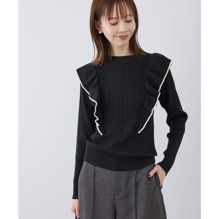 ランダムリブフリルニット配色プルオーバー/洗濯機OK[品番