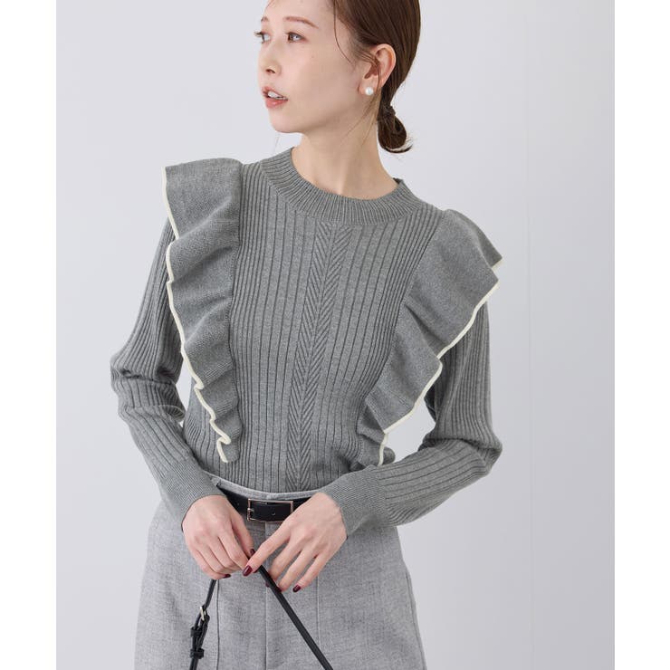 ランダムリブフリルニット配色プルオーバー/洗濯機OK[品番