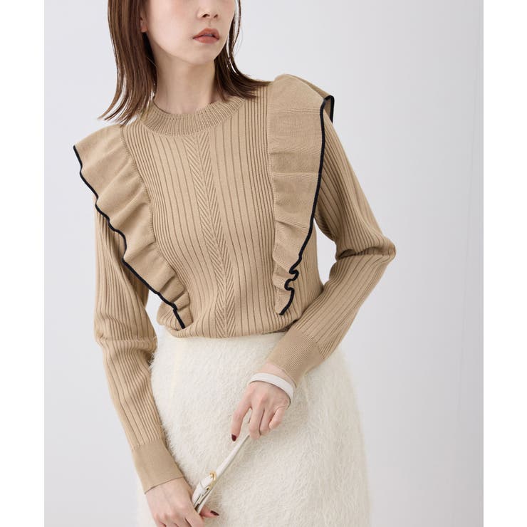 ランダムリブフリルニット配色プルオーバー/洗濯機OK[品番