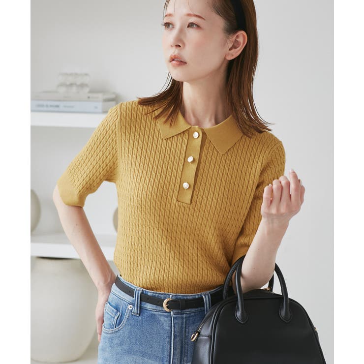 カラシ(86) | ミニケーブルハーフスリーブニットポロシャツ | ROPE' PICNIC