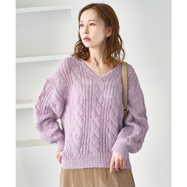 ラベンダー(52) | ゆるケーブル編みVネックニット | ROPE' PICNIC
